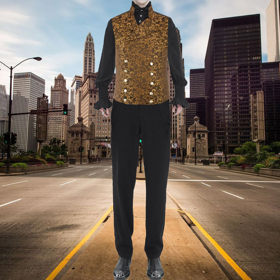Men's Steampunk Double-Breasted Waistcoat Gold Vest Gothic/Western-Reenactment/Usa