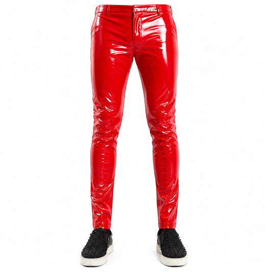 GOTHIC MEN RED BONE FIT PVC VINYL GLOSS FETISH ROCKER SKINNY JEANS PANTS