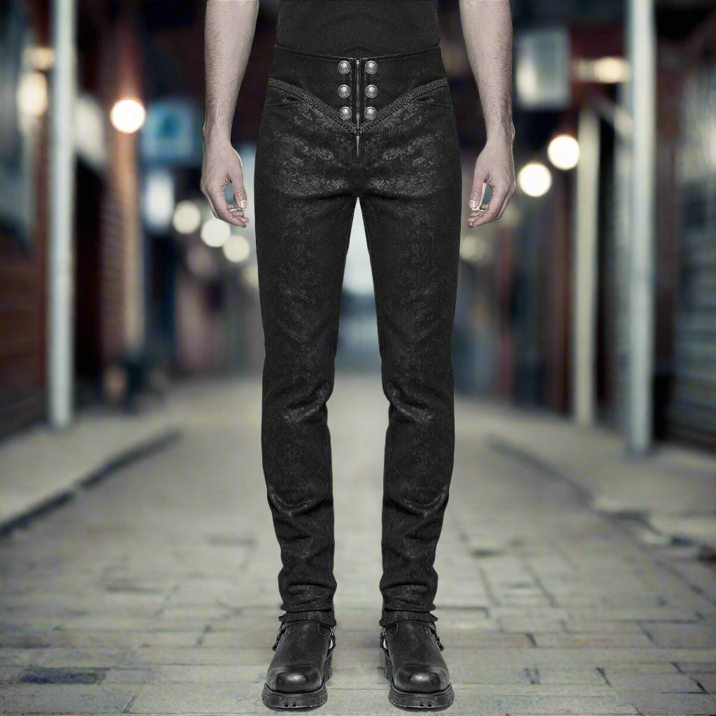 Men Syndicate Trousers Pants Steampunk Black Brocade Vintage Gothic Victorian
