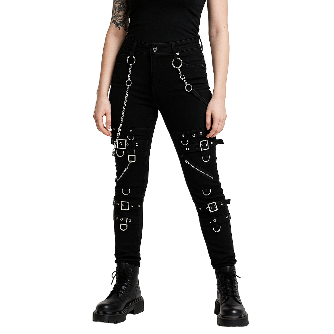 Women Gothic Bondage Rock Black Punk Buckle Zips Chain Strap Trouser/Tripp Pants