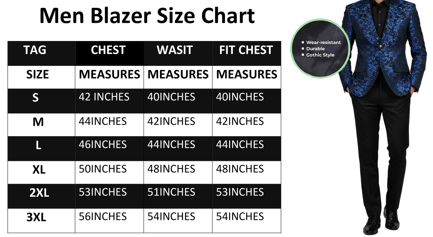 Men's Blue Brocade Floral Suit Notched Lapel Slim Fit Stylish Blazer