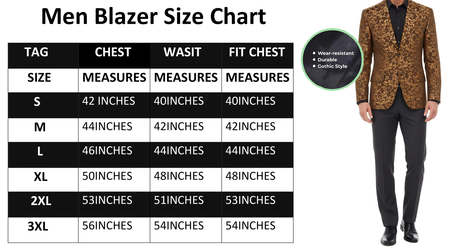 Men's Gold Brocade Floral Suit Notched Lapel Slim Fit Stylish Blazer