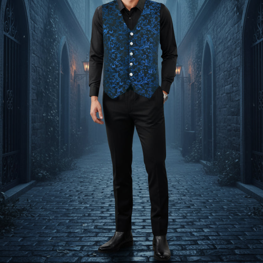 Premium Men's Designer Stylish Casual Brocade Blue Vest /USA Sizes