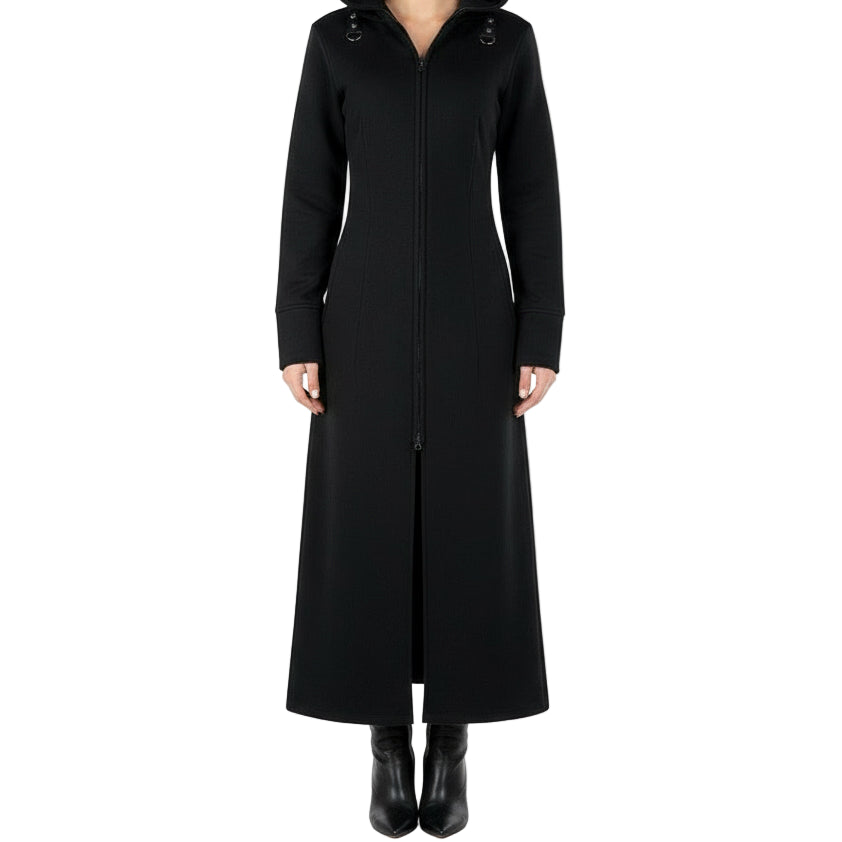 Women's Black Fleece Long Zip Up Hooded Raven Steampunk Coat/Jacket with Pockets