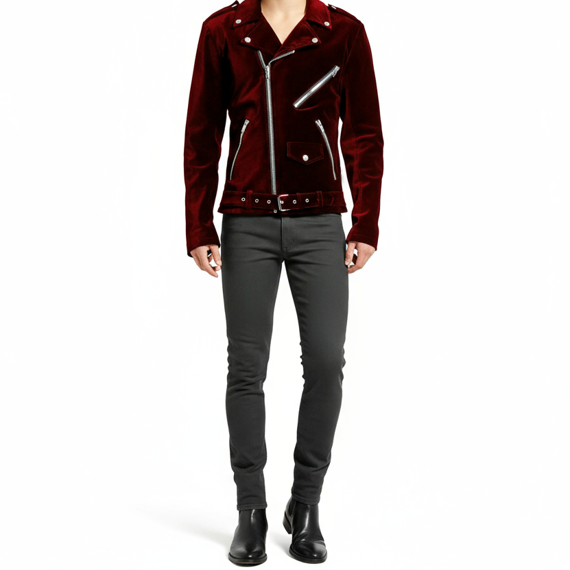 Gothic Motor Bike RED Velvet Motorcycle Jacket Punk Fetish EMO Biker Jacket