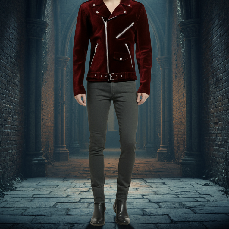 Gothic Motor Bike RED Velvet Motorcycle Jacket Punk Fetish EMO Biker Jacket