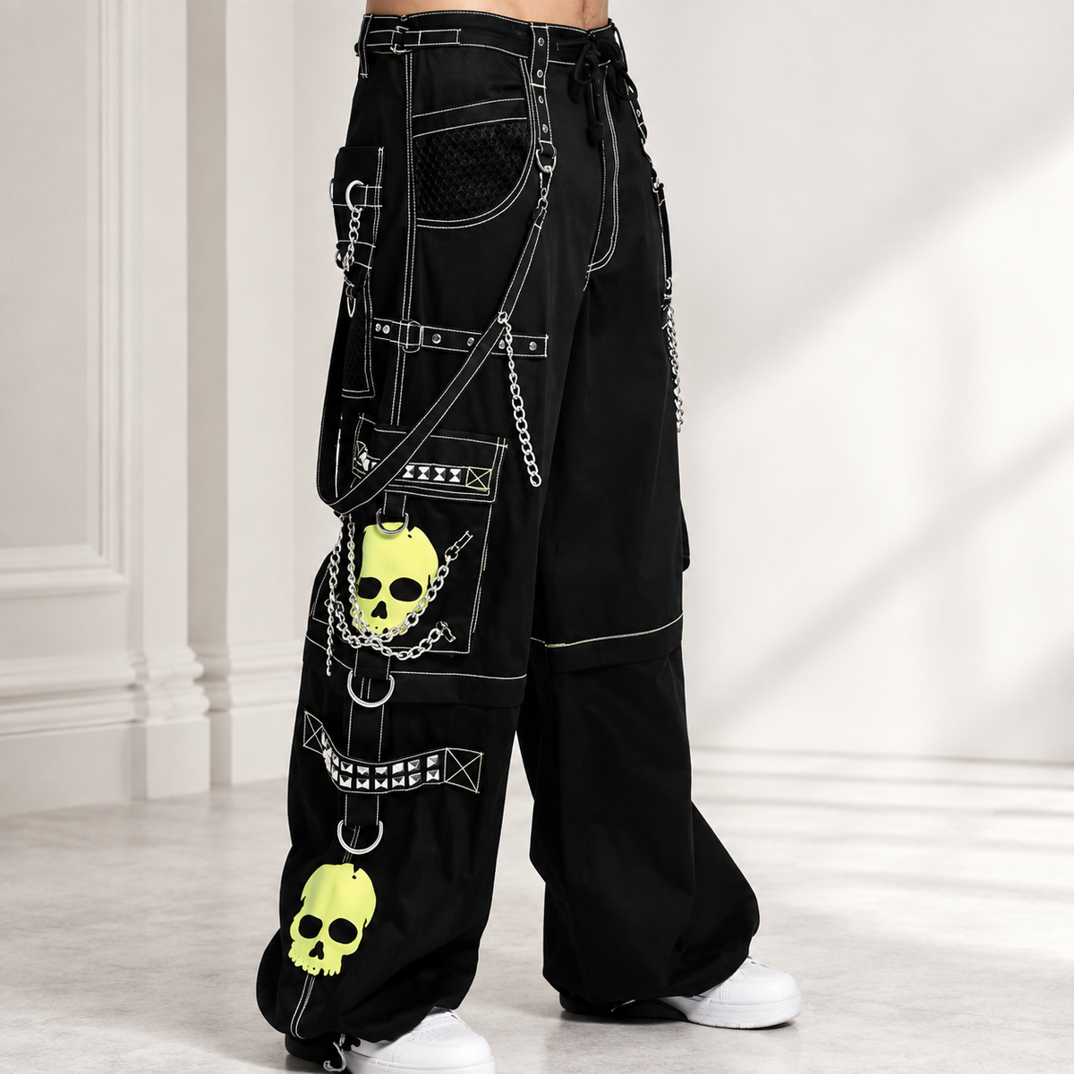 Gothic Bondage Black Lime Big Skull Men Pant Alternative Punk Rock Jeans Emo Trouser Pant Shorts USA