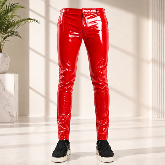 GOTHIC MEN RED BONE FIT PVC VINYL GLOSS FETISH ROCKER SKINNY JEANS PANTS