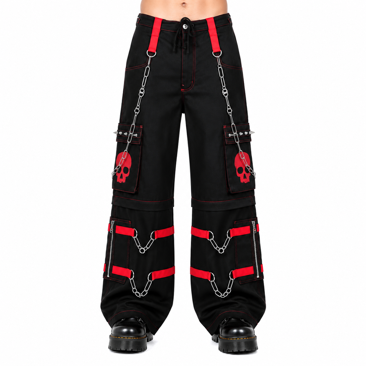 Gothic Bondage Black Skull Zip Off Pants Black Amp Red Alternative Punk Rock Emo Trouser Pant/Usa