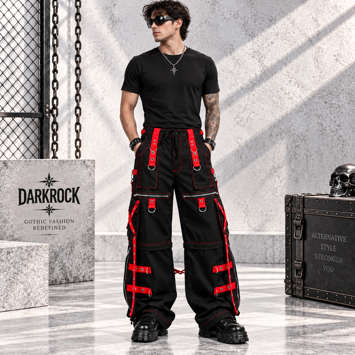 Gothic Men's Zip Off Pants Black Red