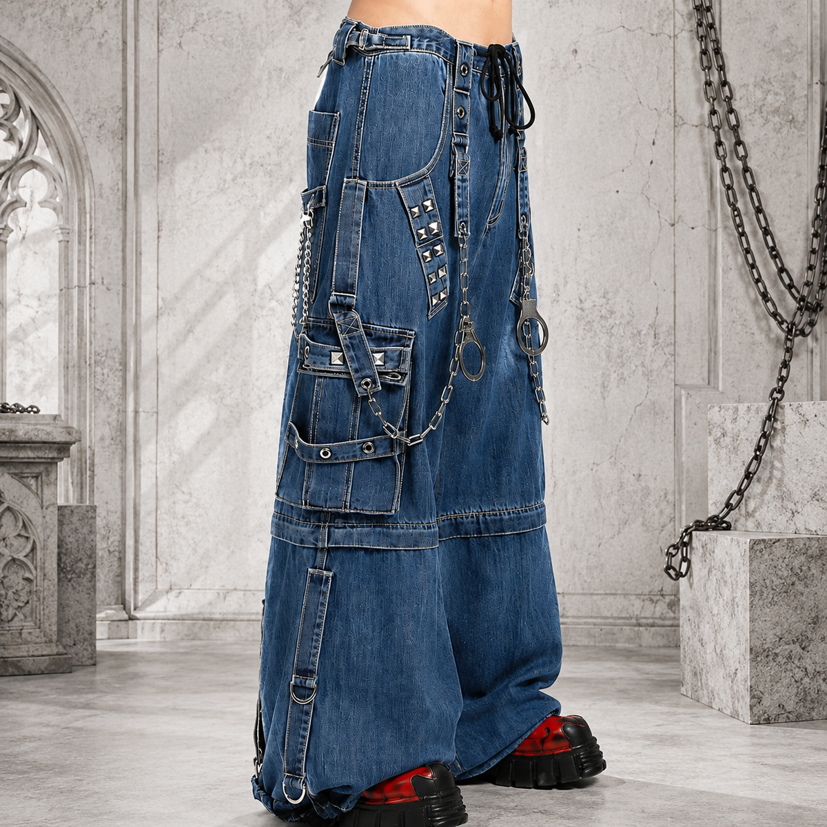 Extreme Bondage Light Blue Denim Pants Skater Gothic Punk Rocker Cyber Biker Black Dagger Trouser Pant Shorts With Handcuffs Hardware