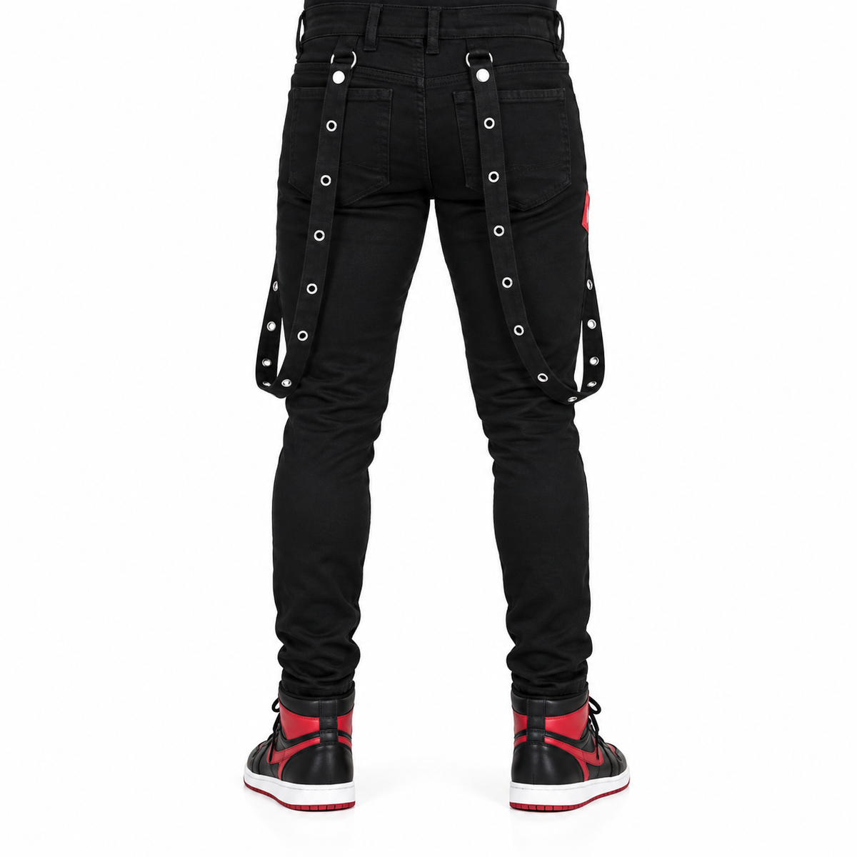 Men's Denim Red Zipper Stinger Jeans with Grommet Suspenders