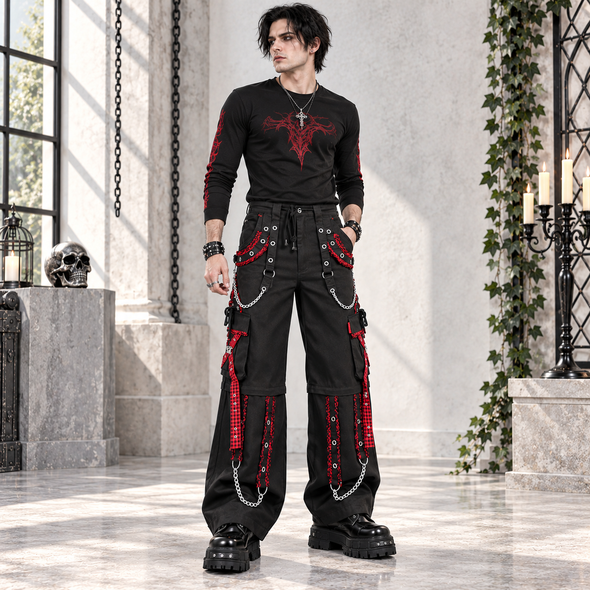 EXTREME BONDAGE GOTHIC PUNK ROCKER CYBER GOTH RED & BLACK STEAMPUNK BIKER PANTS