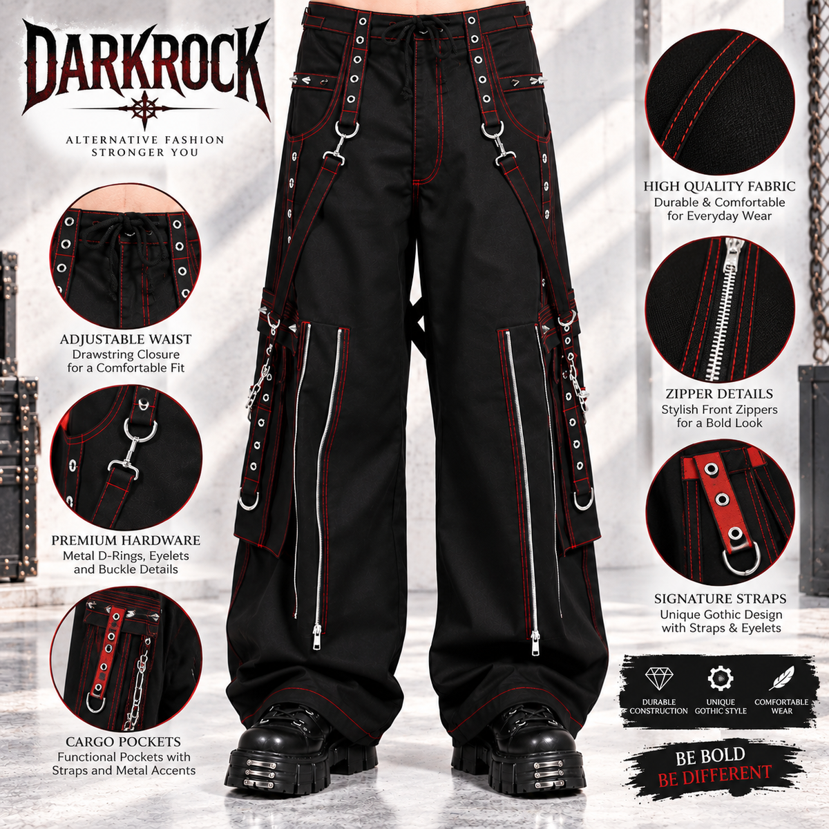 Gothic Mens Black Bondage Red Back Skull Punk Rock Pants