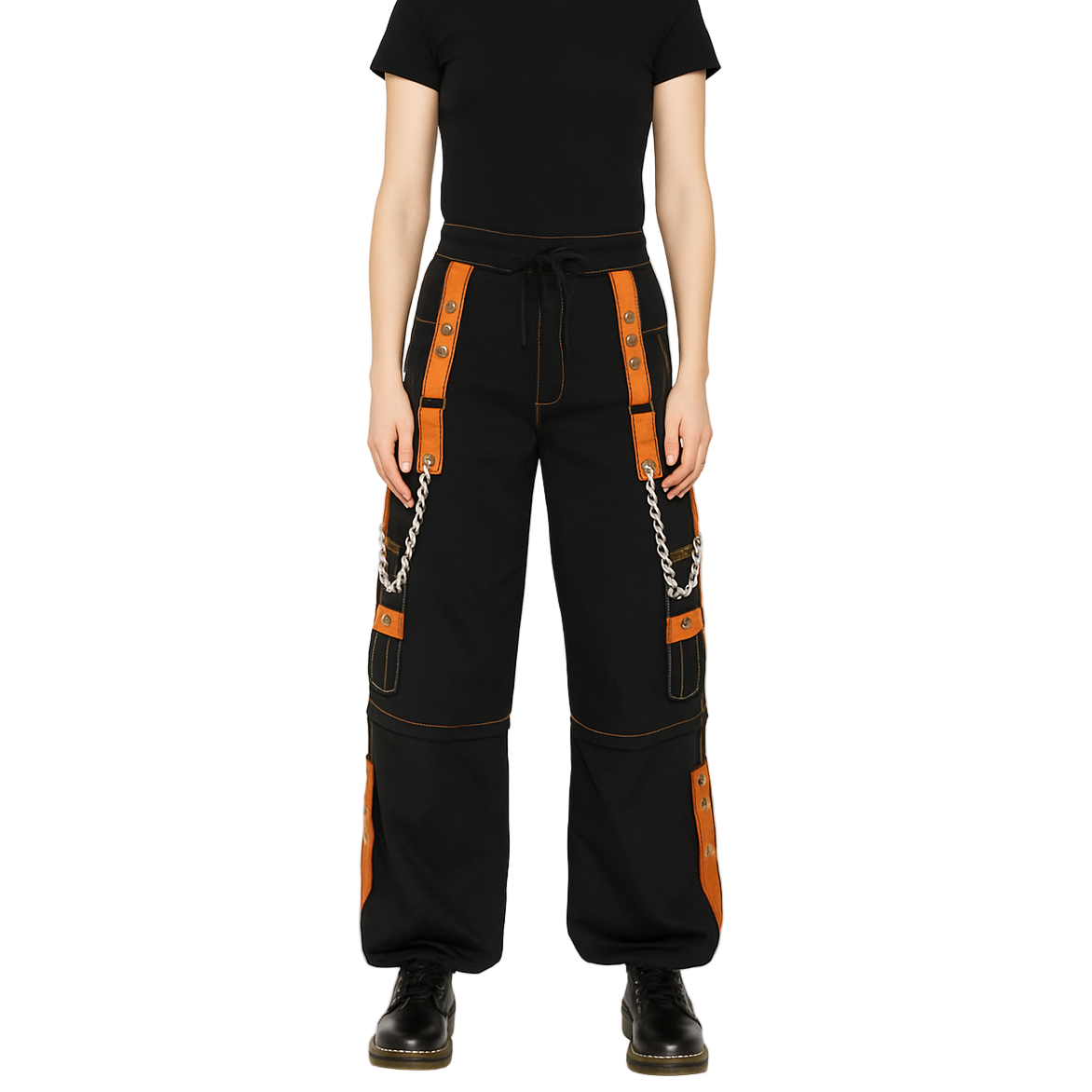 Men Extreme Bondage Skater Black/Orange Gothic Punk Rocker Cyber Goth Steam punk Biker Pant