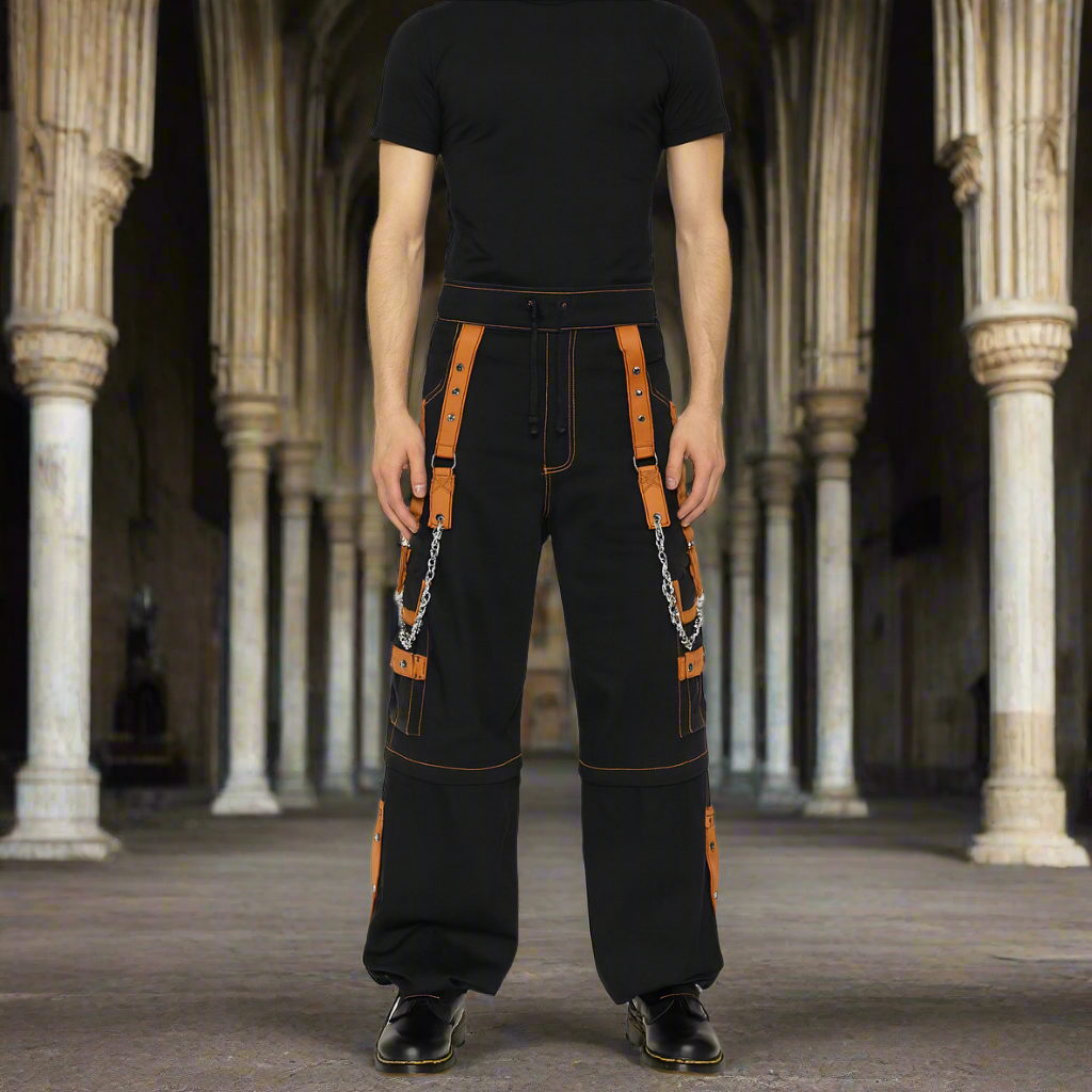 Men Extreme Bondage Skater Black/Orange Gothic Punk Rocker Cyber Goth Steam punk Biker Pant