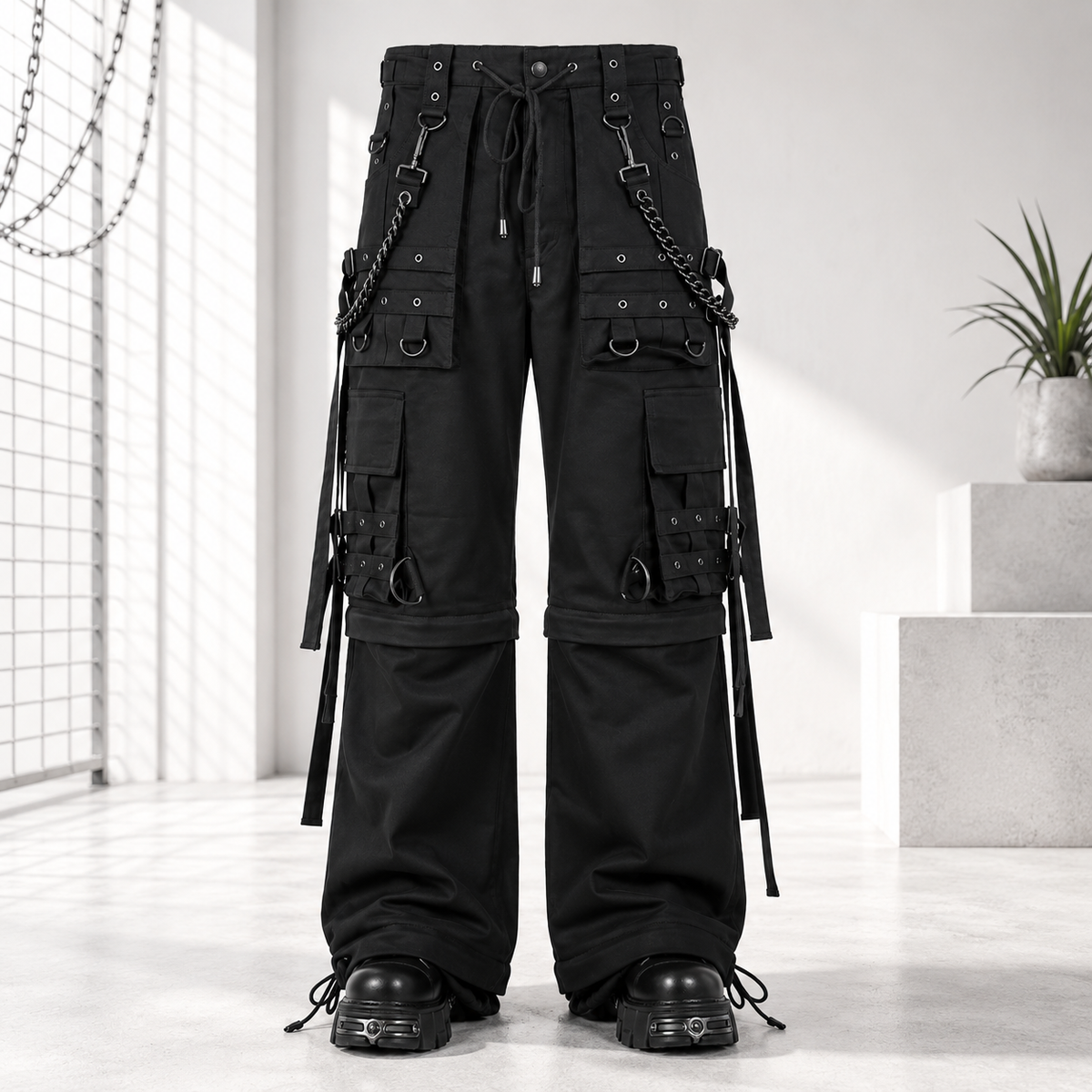 Gothic Bondage Cargo Rock Black Punk Buckle Zips Chain Strap Trousers Emo/ Pants