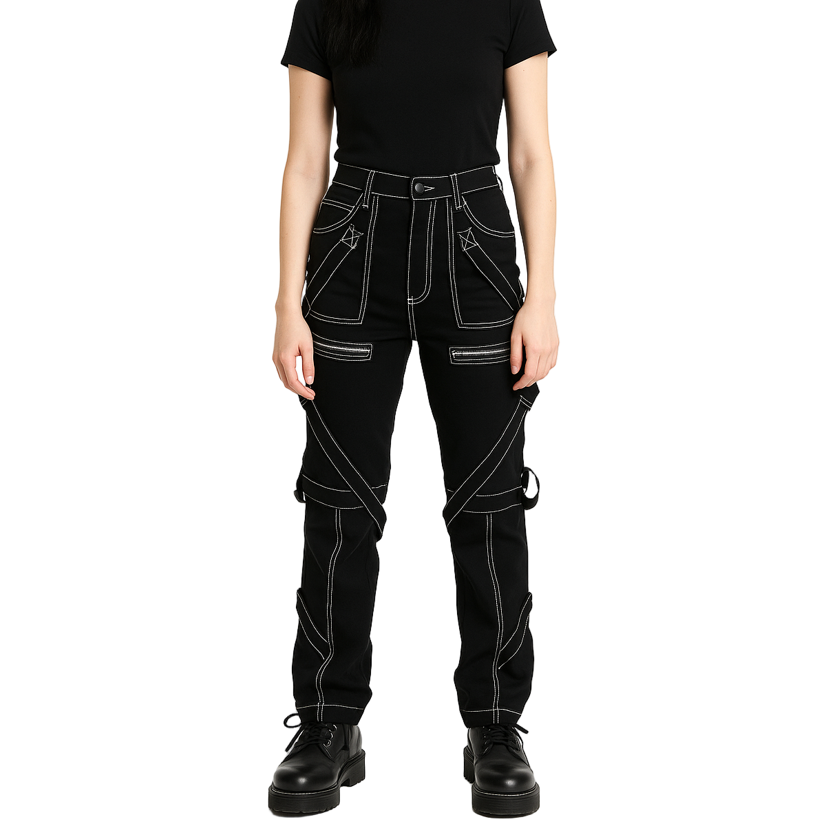 Prime Quality Gothic Straps Zipper Stitch Trousers Punk Rock Studs Metal Chain Trouser Pants/USA Sizes