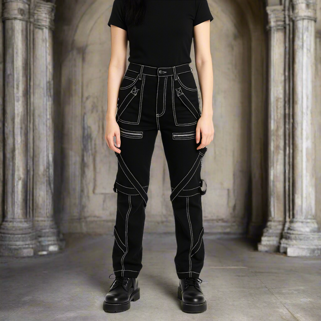 Prime Quality Gothic Straps Zipper Stitch Trousers Punk Rock Studs Metal Chain Trouser Pants/USA Sizes