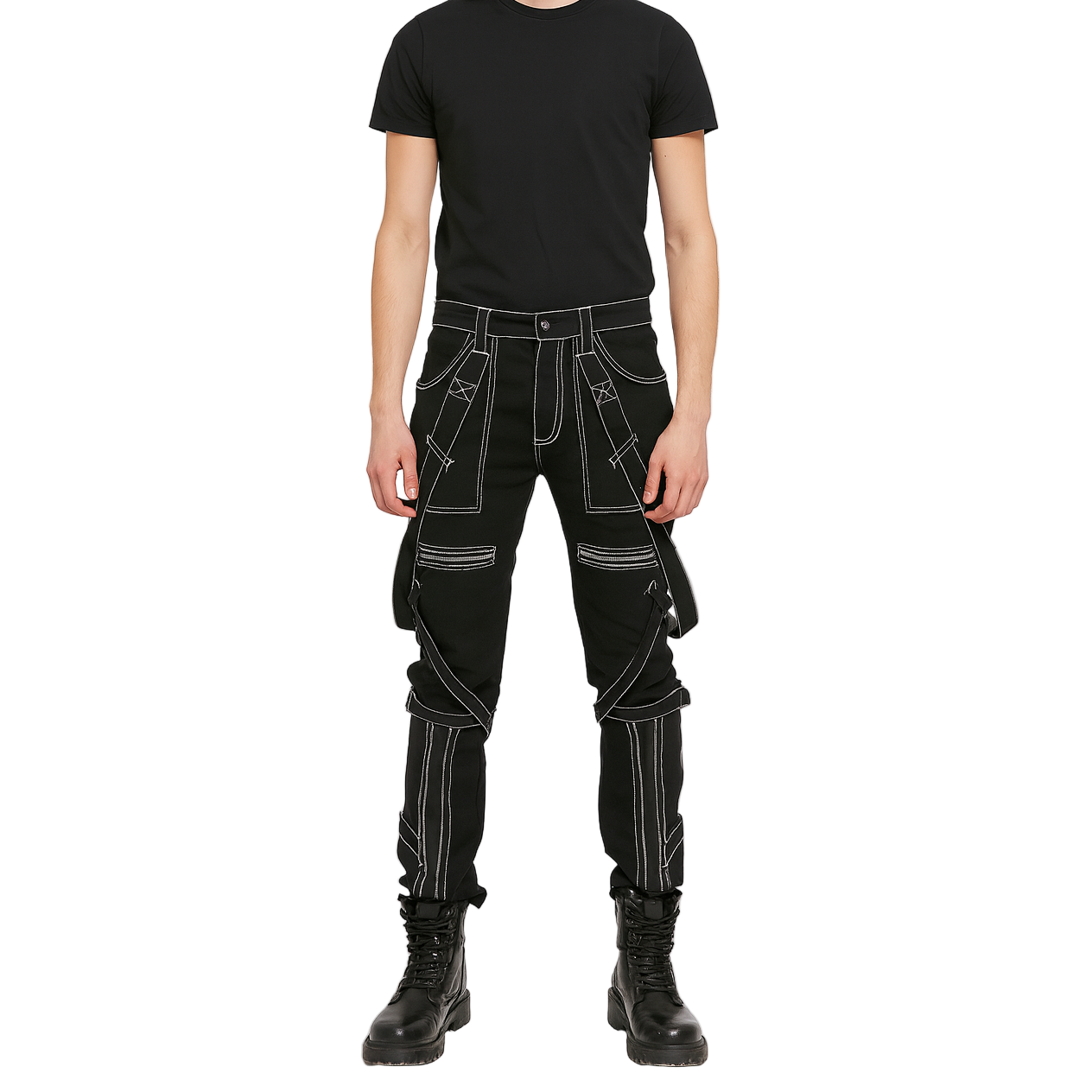 Prime Quality Gothic Straps Zipper Stitch Trousers Punk Rock Studs Metal Chain Trouser Pants/USA Sizes