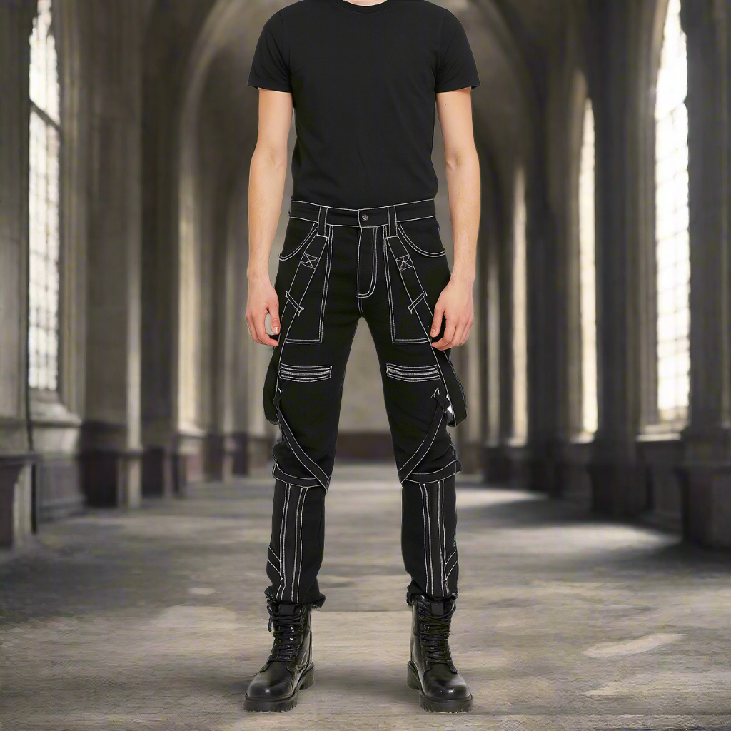 Prime Quality Gothic Straps Zipper Stitch Trousers Punk Rock Studs Metal Chain Trouser Pants/USA Sizes