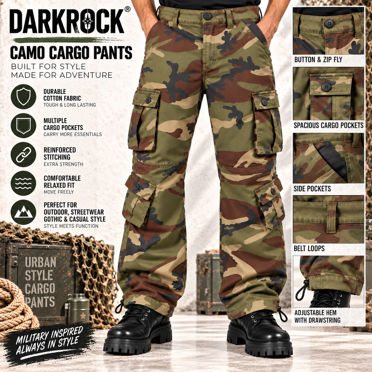 Men's Cotton Casual Military Army Camo Combat Work Cargo Pants with 8 Pockets
