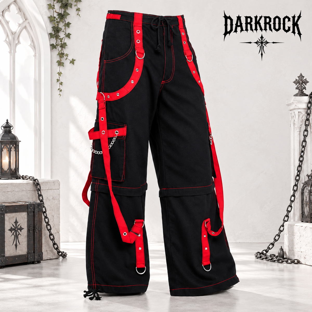 Prime Quality Handmade Gothic Bondage Men Pant Alternative Punk Rock Red/Black Emo Trouser Pant ShortsUSA