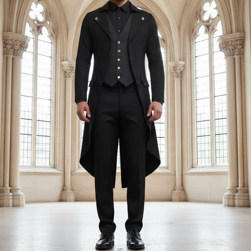 Men's Black Cotton Twill Steampunk Tailcoat Brass Button Jacket Goth Victorian Coat Trench Coat