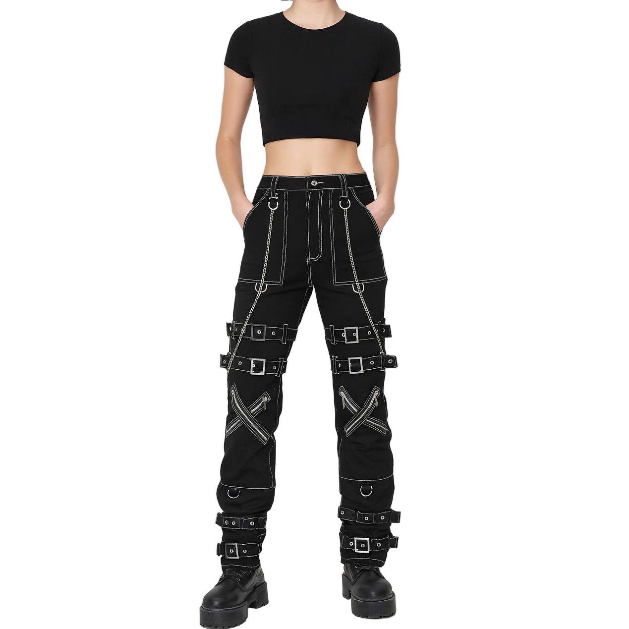 Prime Quality Handmade Gothic Pant White Threads Buckles Zips Chains Straps Cyber Punk Trousers Pants USA