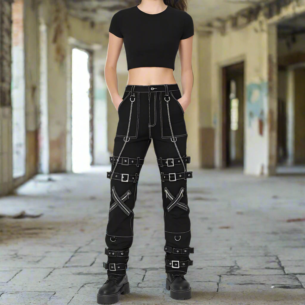 Prime Quality Handmade Gothic Pant White Threads Buckles Zips Chains Straps Cyber Punk Trousers Pants USA