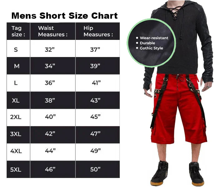 Gothic Men's Gothic Handmade Red Shorts Red Threads Black Straps Punk Rock Metal Chain Cyber/USA