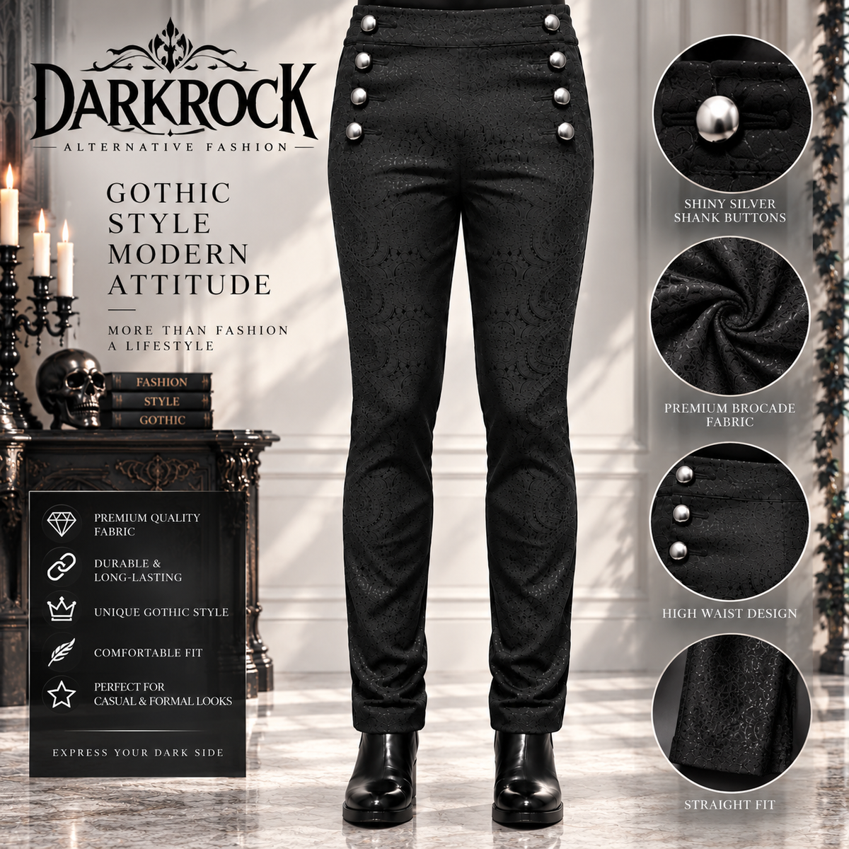 Prime Quality Men's Gothic Alastor Steampunk Black Brocade Dress Pants