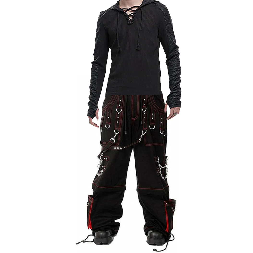 Men's Gothic Handmade Bondage Trouser Cyber Red Thread Shorts Metal Studs Trouser Pant USA