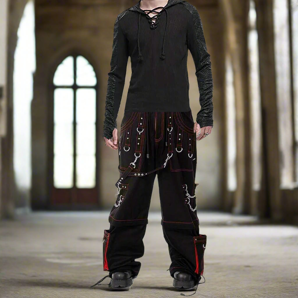 Men's Gothic Handmade Bondage Trouser Cyber Red Thread Shorts Metal Studs Trouser Pant USA