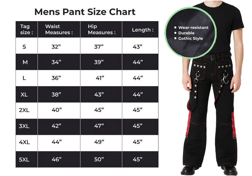 Prime Quality Gothic Men's Punk Goth Emo Bondage Star Black Red Pants