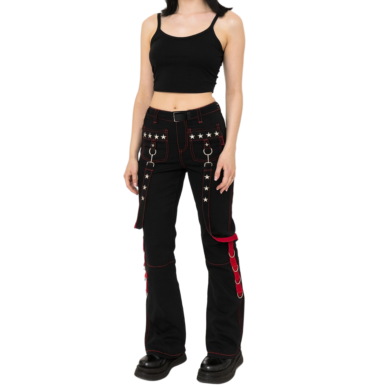 Prime Quality Gothic Men's Punk Goth Emo Bondage Star Black Red Pants