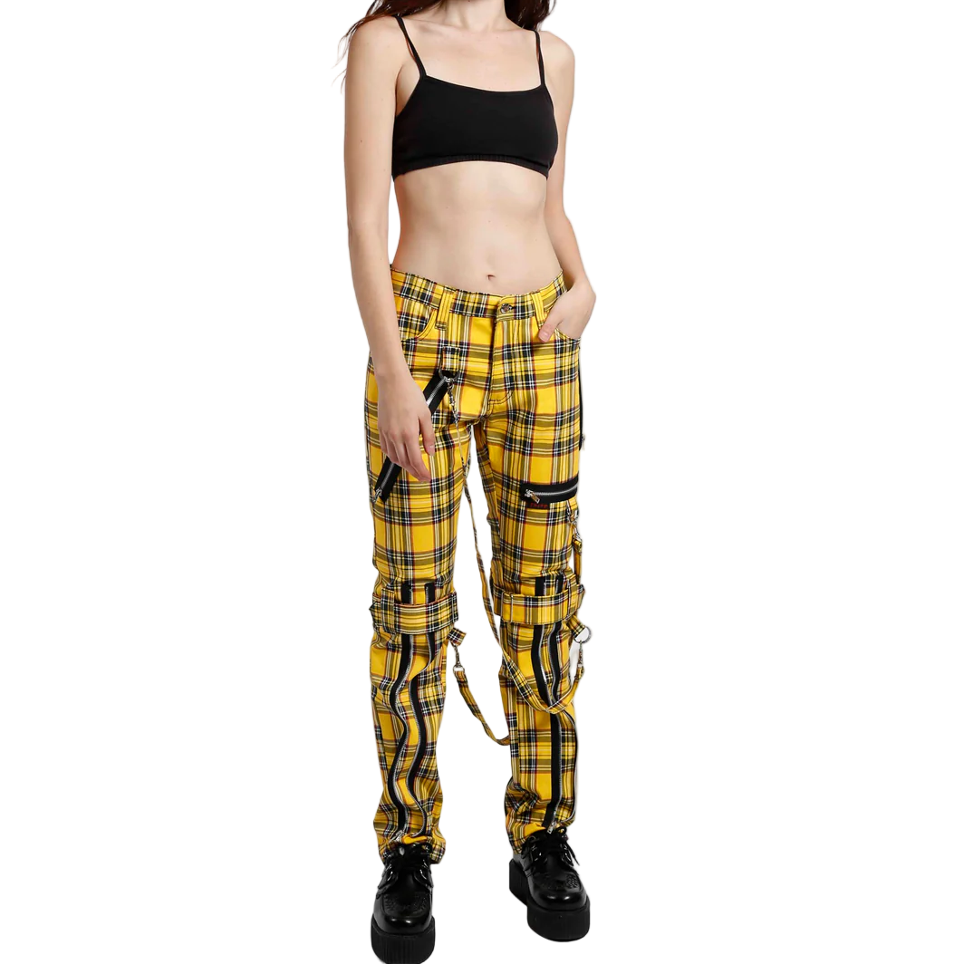 Men Bondage Straps Punk Yellow Plaid Jeans Pant Alternative Rebel Rock Emo Pant USA