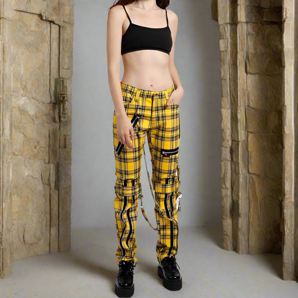Men Bondage Straps Punk Yellow Plaid Jeans Pant Alternative Rebel Rock Emo Pant USA
