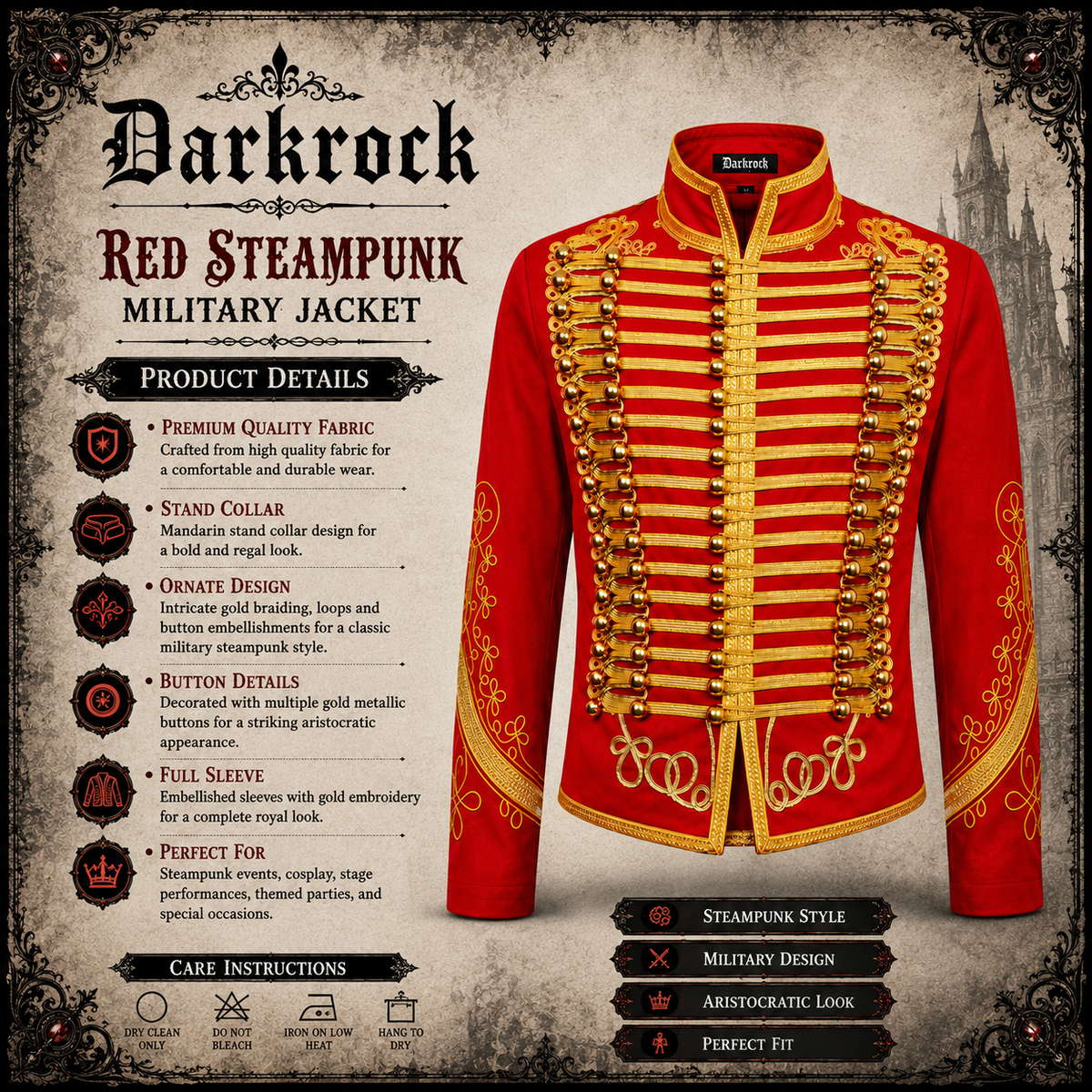 Men’s Adam Luxe Military Drummer Jacket – Red Parade Hussar Style