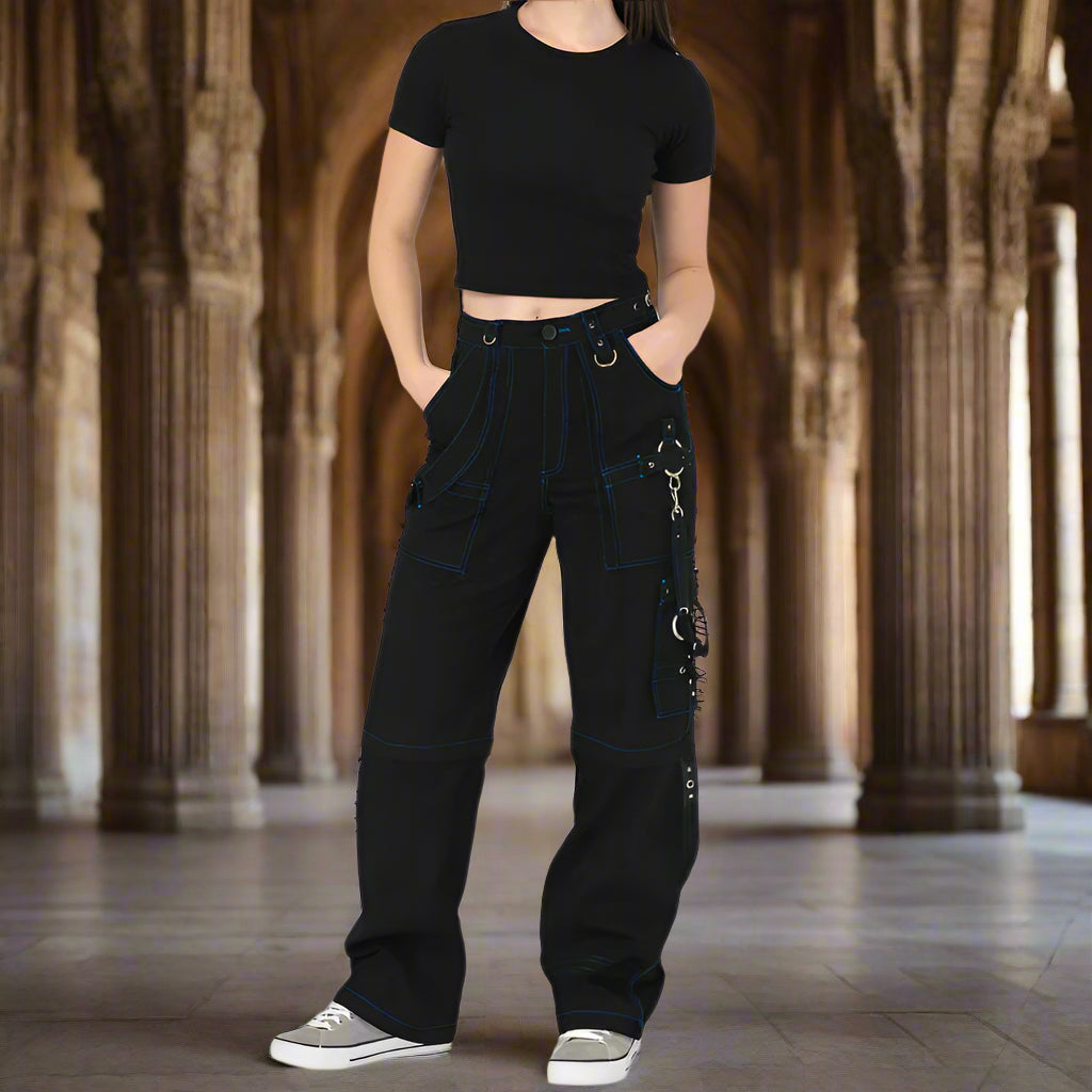 Prime Quality Gothic Men Handmade Bondage 4 Pocket Trouser Punk Rock Black with Blue Stitch Pant USA