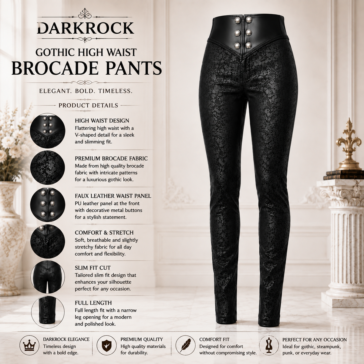 Men Syndicate Trousers Pants Steampunk Black Brocade Vintage Gothic Victorian