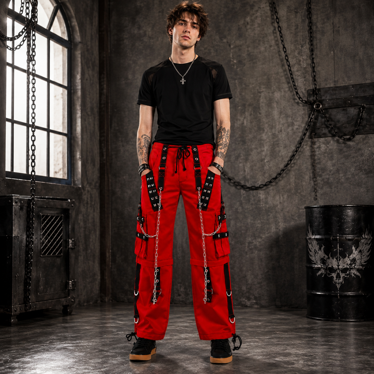 Gothic Bondage Handmade Men Pant Alternative Punk Rock Transformer Trouser Red Baggy/ Pants