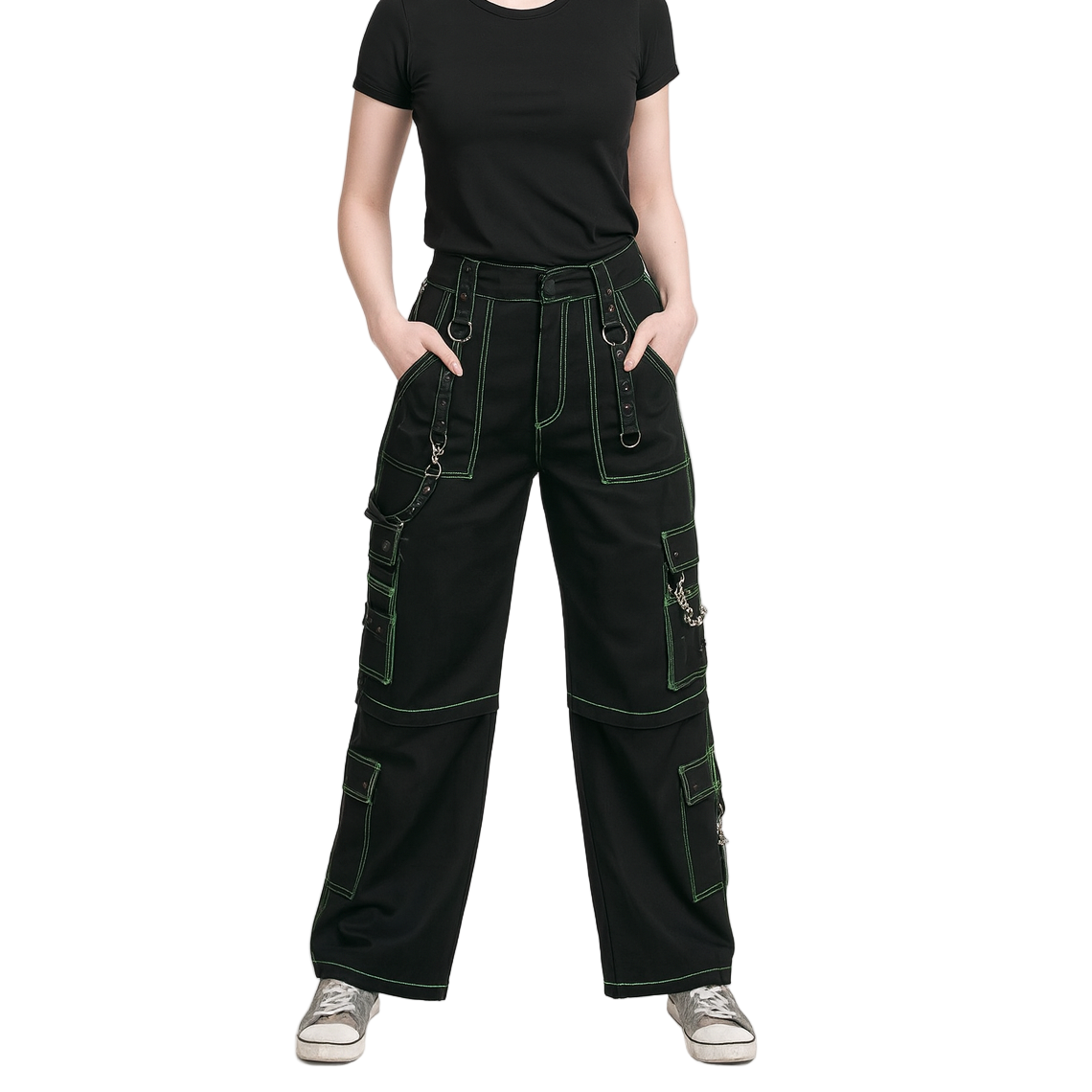 Gothic Men's Handmade Green Thread Rocker Bondage 4 Pocket Trouser Punk Rock Black/ Green Stitch Pant