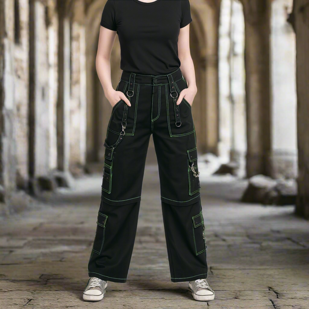 Gothic Men's Handmade Green Thread Rocker Bondage 4 Pocket Trouser Punk Rock Black/ Green Stitch Pant