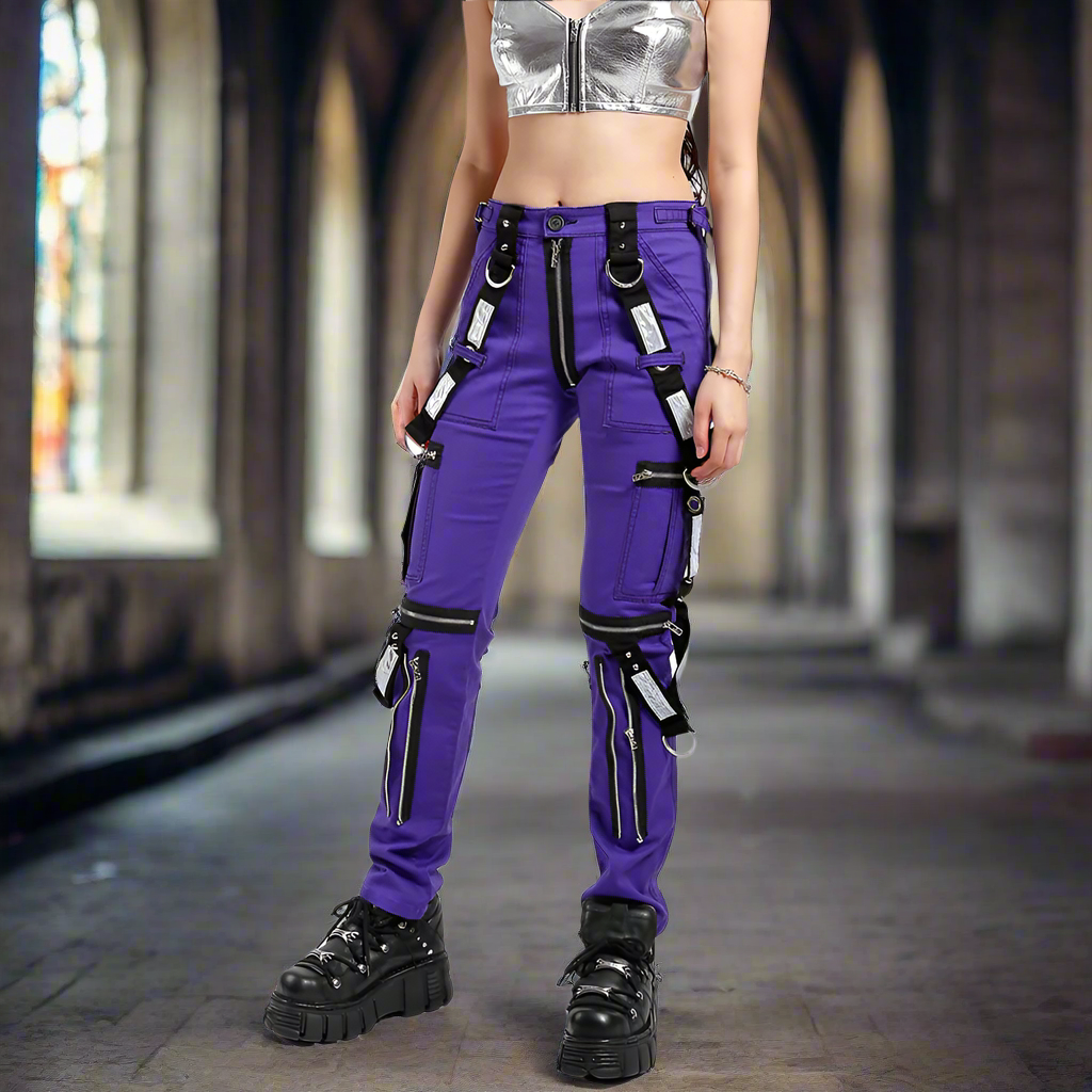 Men Gothic Bondage Reflective Men Pant Alternative Punk Rock Emo Pant Electric Pants Purple/USA