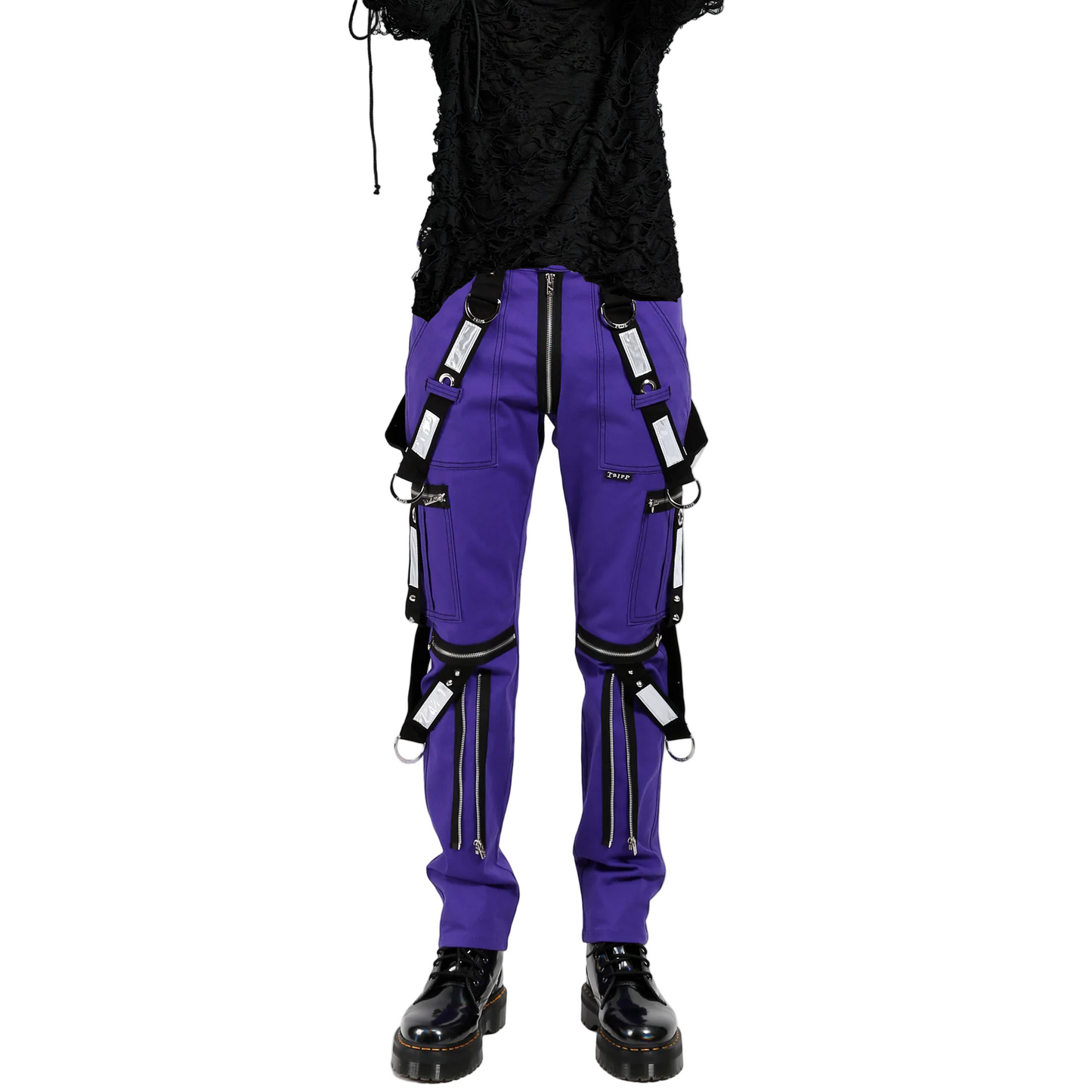 Men Gothic Bondage Reflective Men Pant Alternative Punk Rock Emo Pant Electric Pants Purple/USA