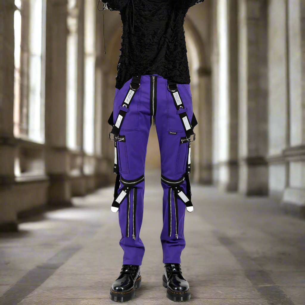 Men Gothic Bondage Reflective Men Pant Alternative Punk Rock Emo Pant Electric Pants Purple/USA
