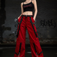 Gothic Men's Gothic Handmade Red Trouser Red Threads Black Straps Punk Rock Metal Chain Cyber/USA