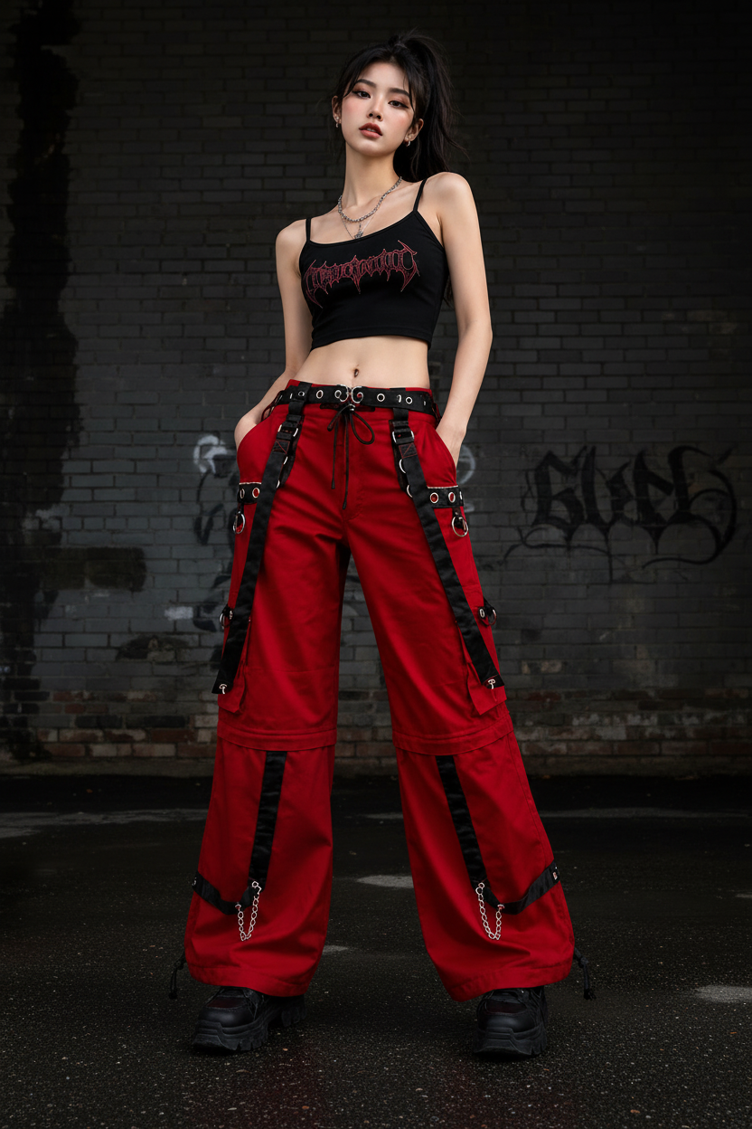 Gothic Men's Gothic Handmade Red Trouser Red Threads Black Straps Punk Rock Metal Chain Cyber/USA