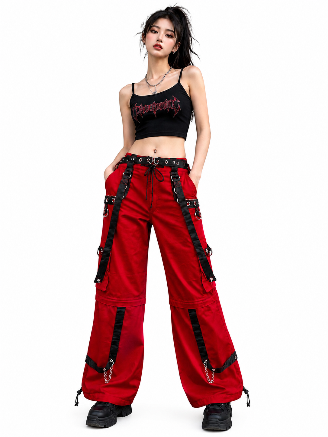 Gothic Men's Gothic Handmade Red Trouser Red Threads Black Straps Punk Rock Metal Chain Cyber/USA